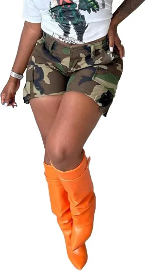 Women's High Waisted Camo Shorts Casual Trendy Denim Short Pants Summer Camouflage Shorts with Pockets