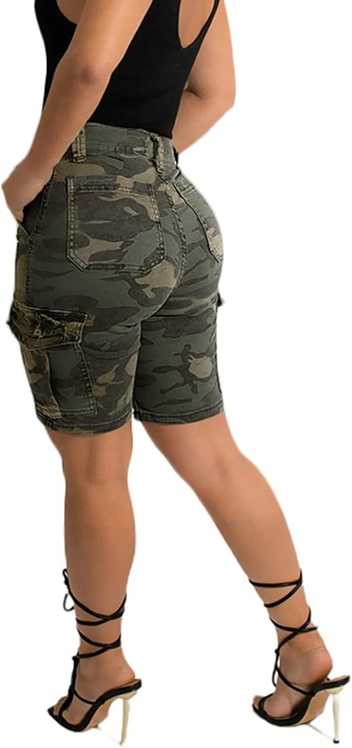 Women's High Waisted Camo Shorts Casual Trendy Denim Short Pants Summer Camouflage Shorts with Pockets