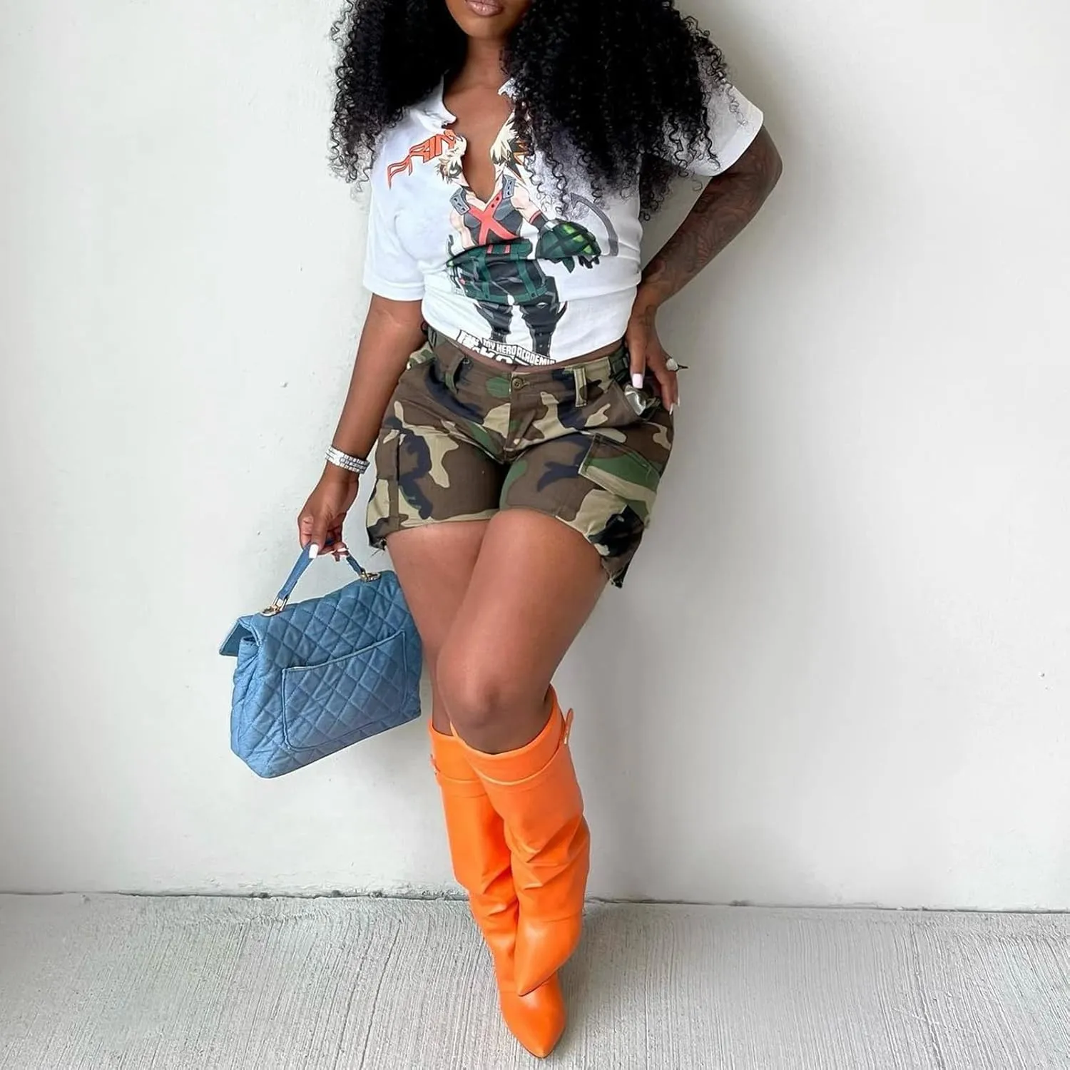 Women's High Waisted Camo Shorts Casual Trendy Denim Short Pants Summer Camouflage Shorts with Pockets