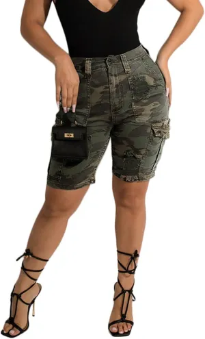 Women's High Waisted Camo Shorts Casual Trendy Denim Short Pants Summer Camouflage Shorts with Pockets