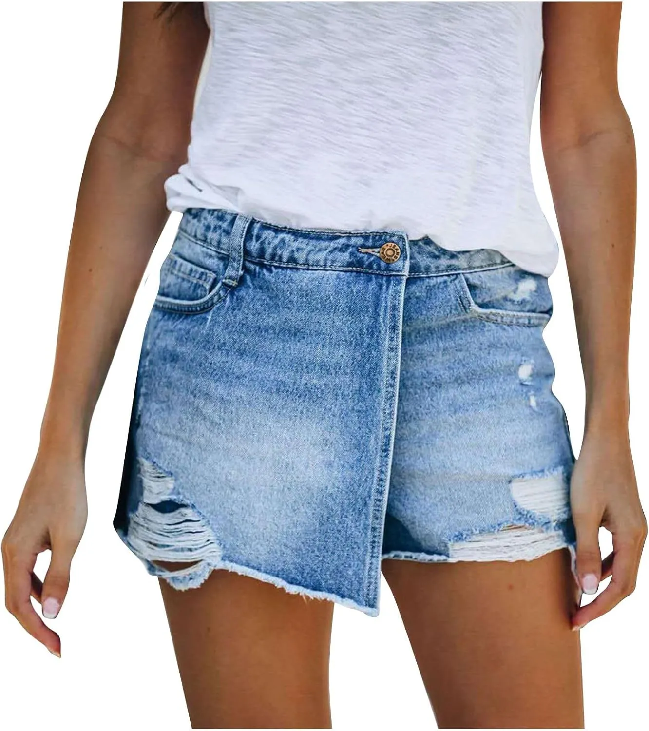 Women's High Waisted Jean Skorts Ripped Frayed Raw Hem Stretchy Denim Shorts Summer Y2K Trendy Pockets Workout Short