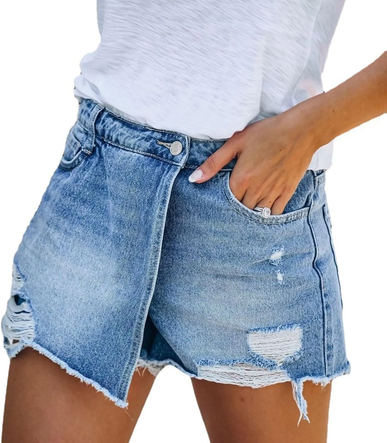 Women's High Waisted Jean Skorts Ripped Frayed Raw Hem Stretchy Denim Shorts Summer Y2K Trendy Pockets Workout Short