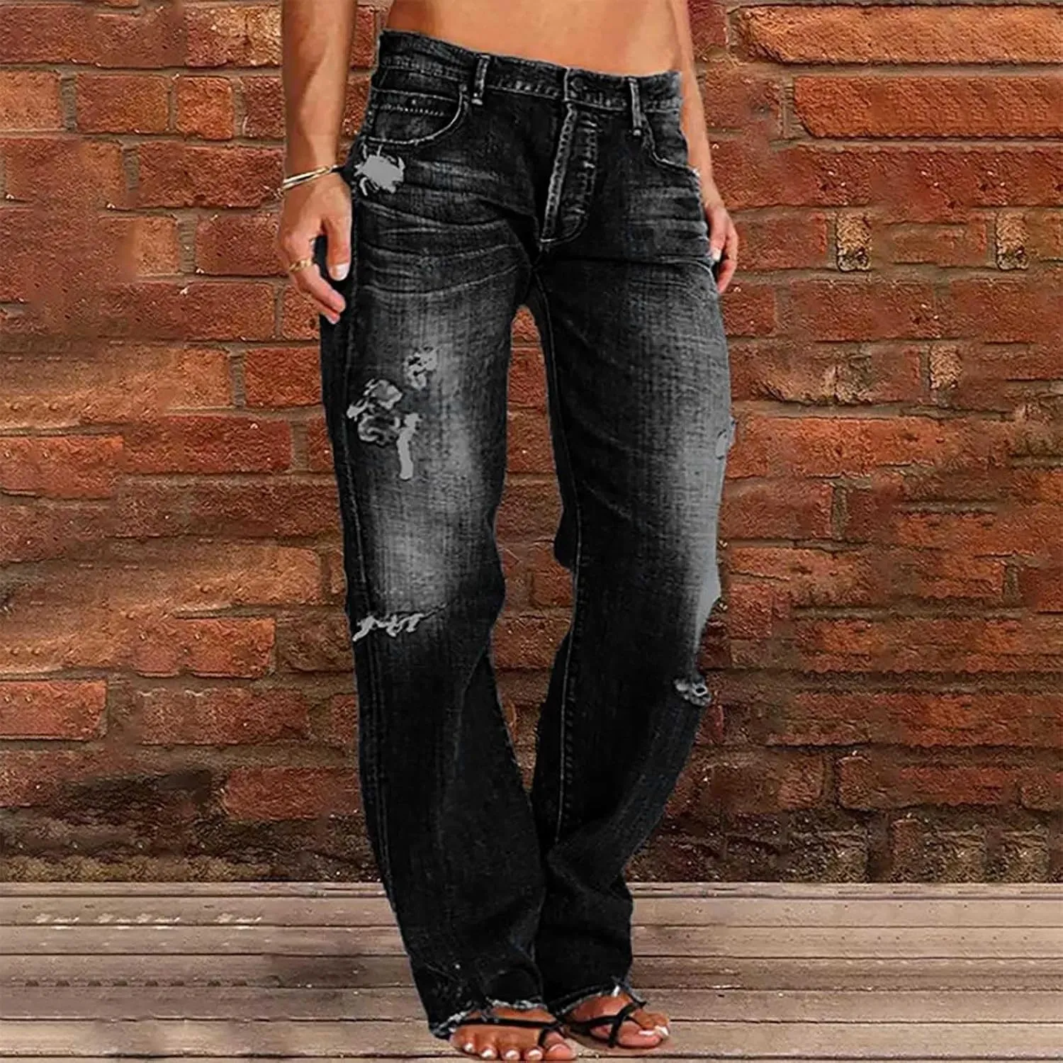 Women's High Waisted Jeans Boyfriend Straight Leg Casual Denim Pants Jeans Stretchy Leg Baggy Trendy Trousers