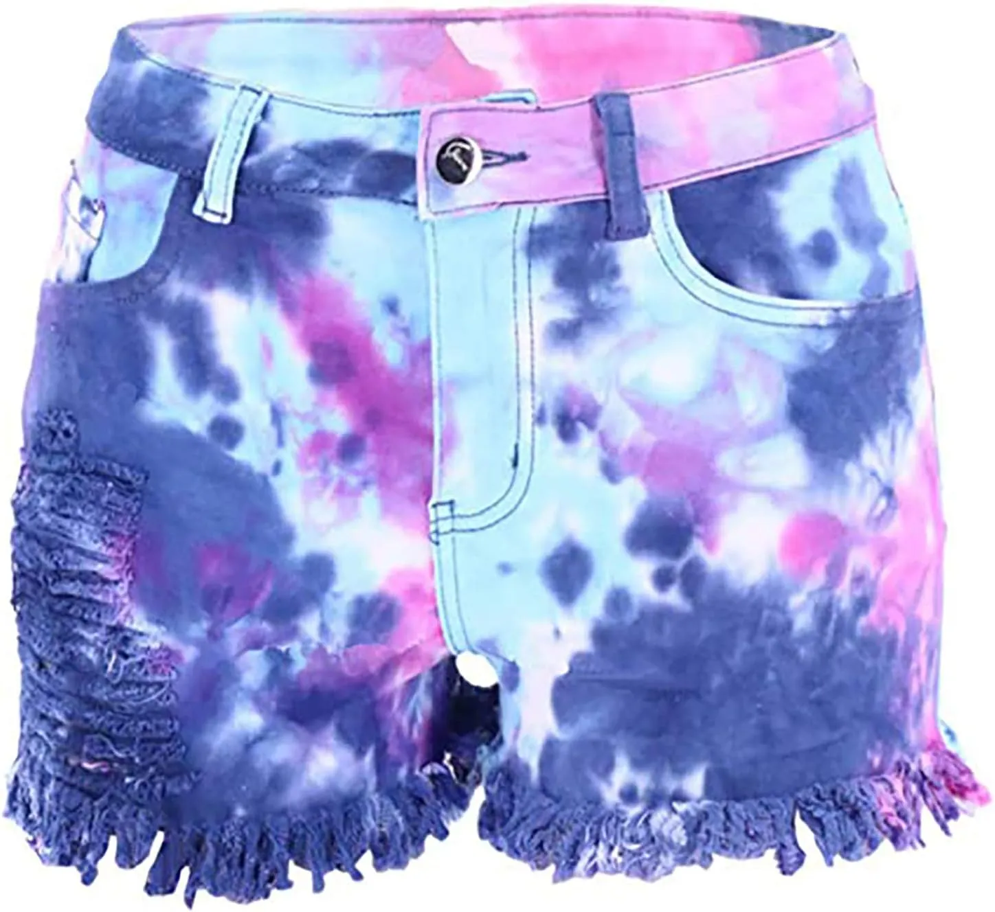 Womens Jean Shorts Tie-dye Distressed Denim Tassel Dressy Mid-High Waisted Cropped Summer Trendy with Pockets Party