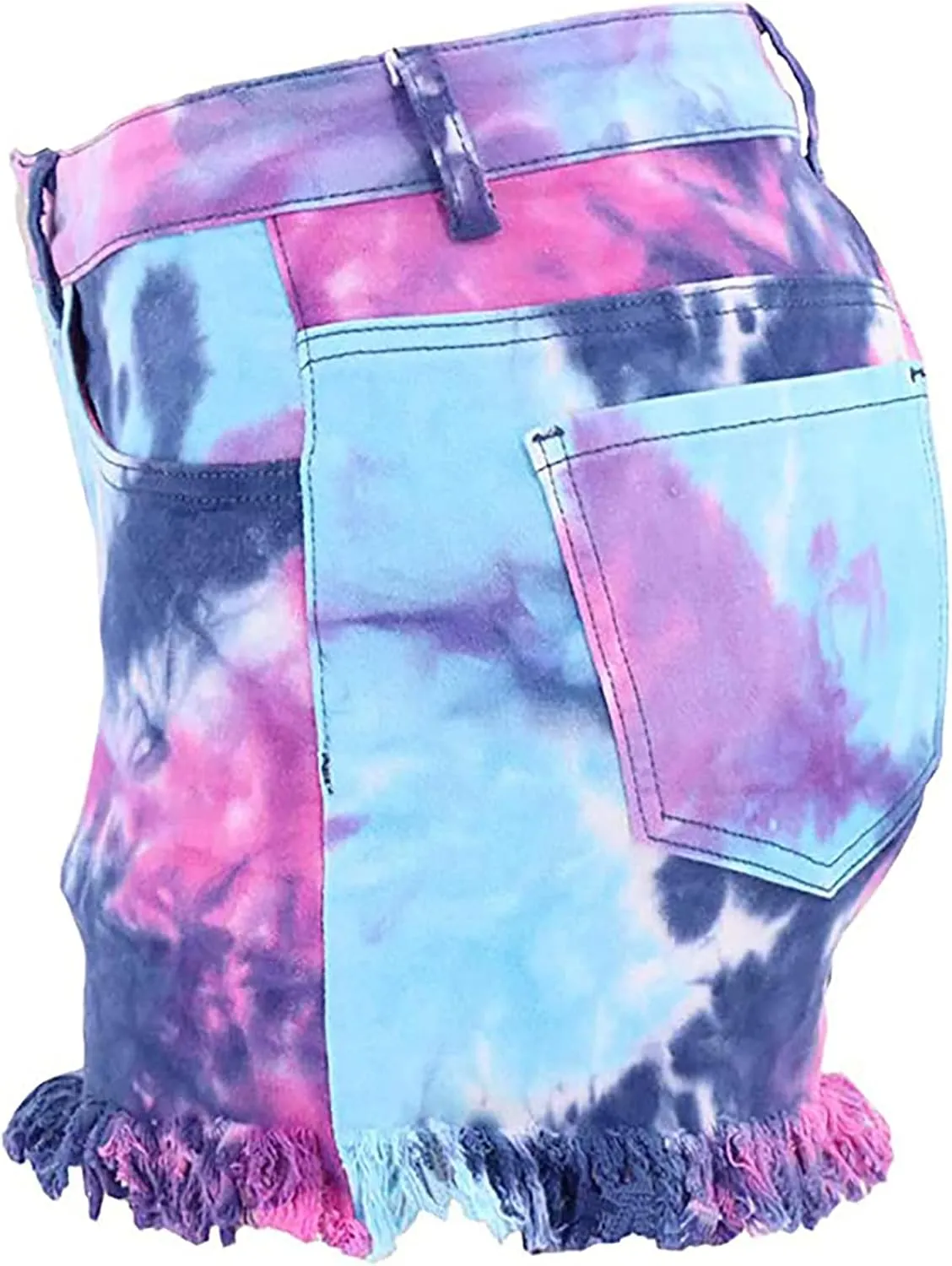 Womens Jean Shorts Tie-dye Distressed Denim Tassel Dressy Mid-High Waisted Cropped Summer Trendy with Pockets Party