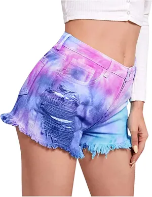 Womens Jean Shorts Tie-dye Distressed Denim Tassel Dressy Mid-High Waisted Cropped Summer Trendy with Pockets Party