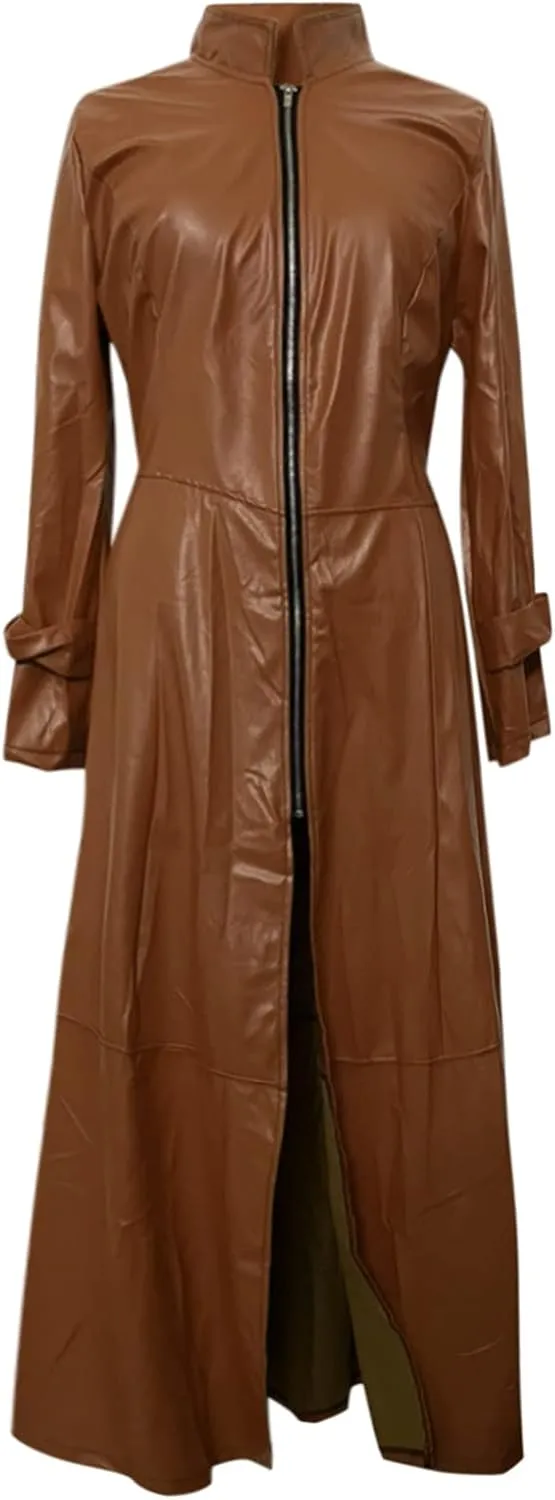 Womens Leather Long Sleeve Jacket Dress Lapel Full Zipper Faux Leather Long Jacket Coats Fashion Trench Coat Outwear
