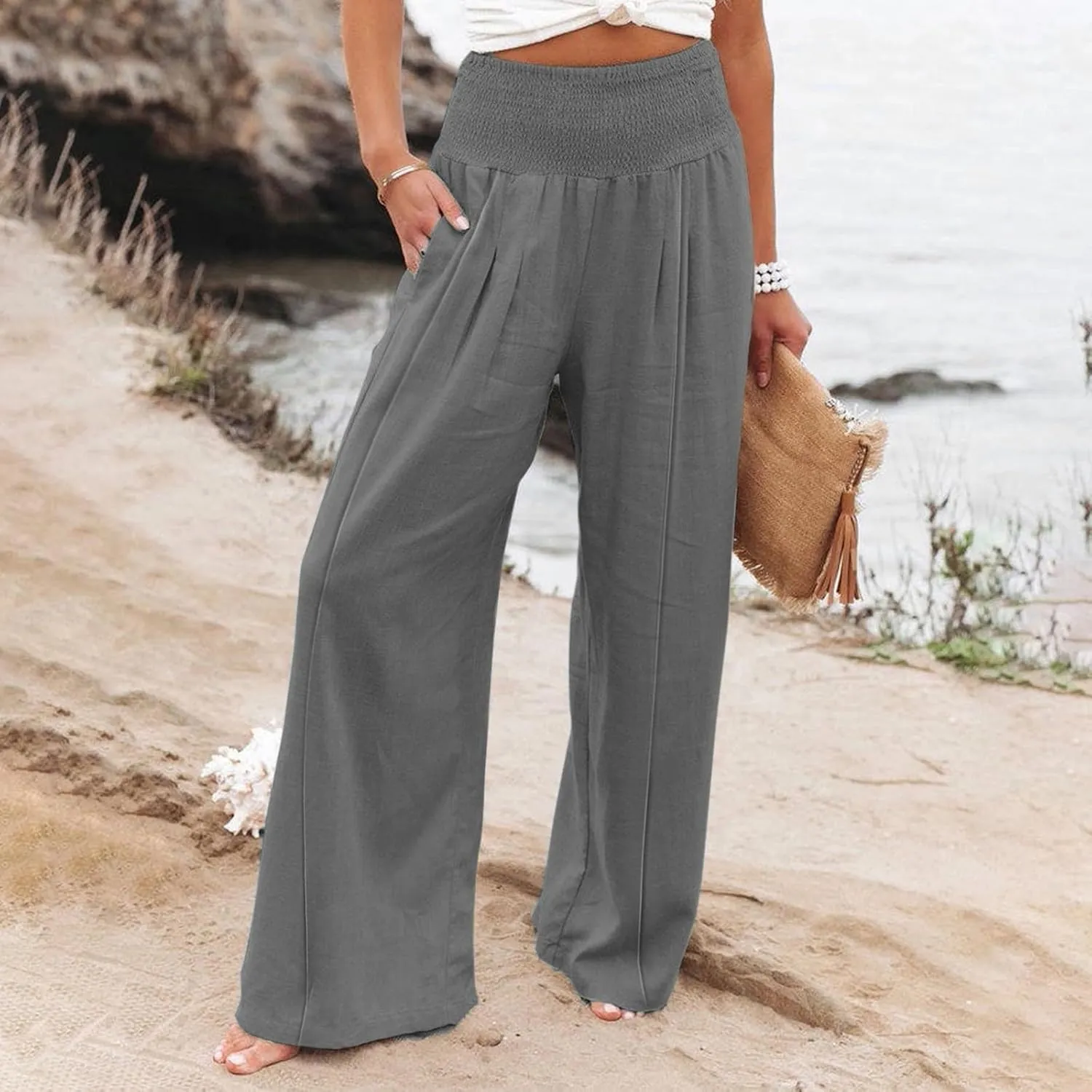 Women's Linen Blend Summer Palazzo Palazzo Pants High Waist Straight Slim Fit Pants Business Work