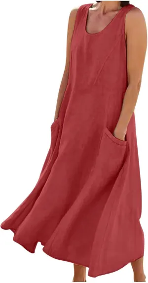 Women's Linen Maxi Dresses 2025 Summer Plus Size Sleeveless Flowy Sundress Beach Vacation Long Tank Dress with Pockets