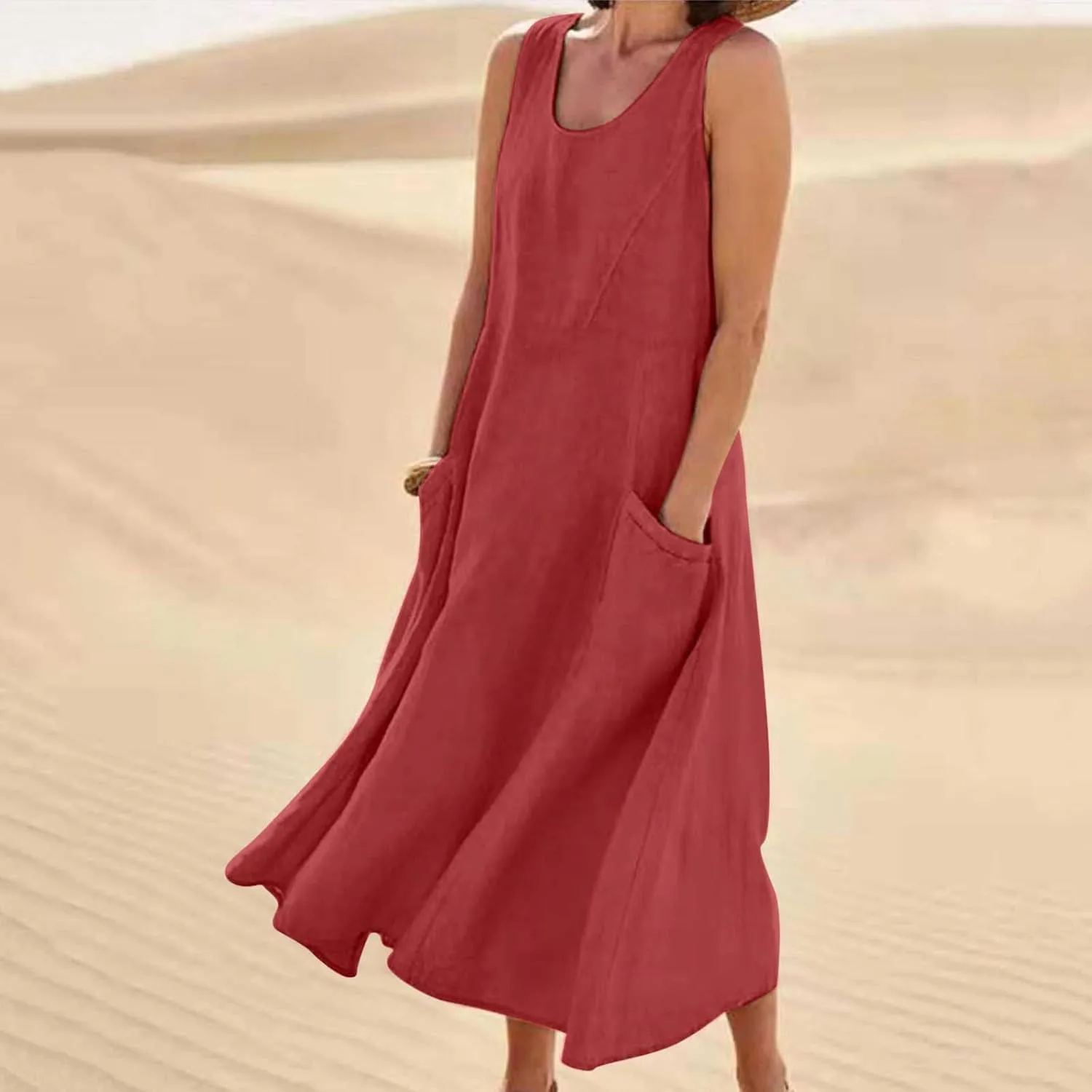 Women's Linen Maxi Dresses 2025 Summer Plus Size Sleeveless Flowy Sundress Beach Vacation Long Tank Dress with Pockets
