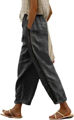 Womens Linen Pants with Pockets Casual Loose Drawstring High Waist Wide Leg Pants Summer Beach Pants S-3XL