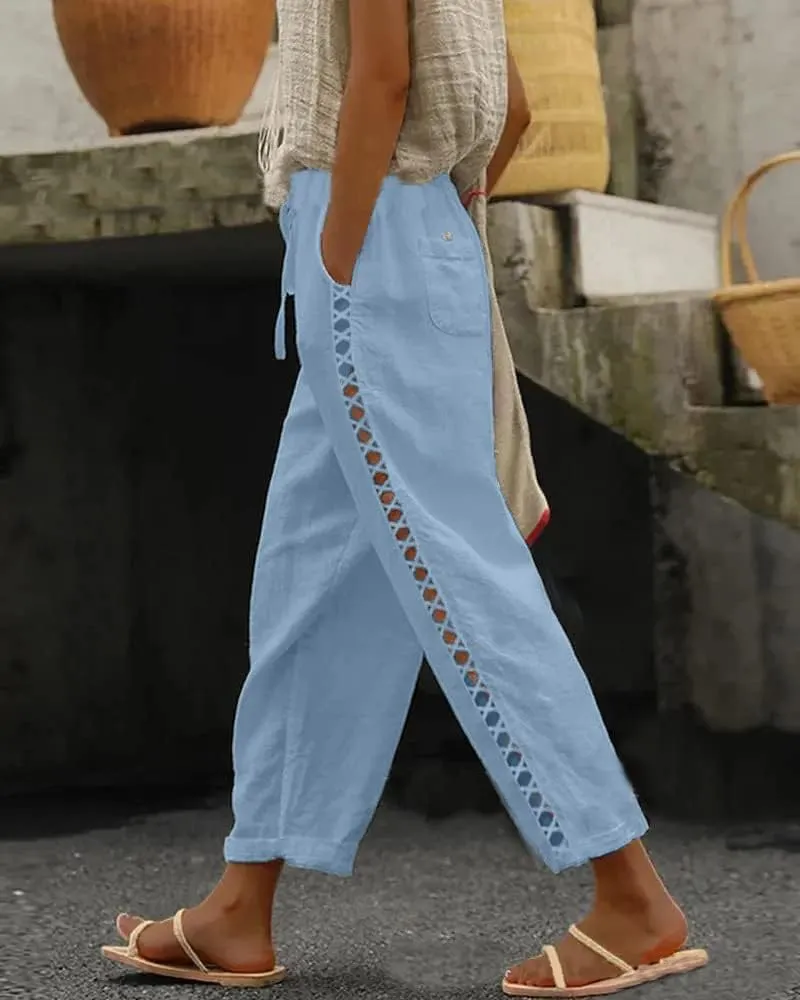 Womens Linen Pants with Pockets Casual Loose Drawstring High Waist Wide Leg Pants Summer Beach Pants S-3XL