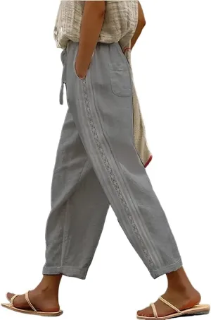Womens Linen Pants with Pockets Casual Loose Drawstring High Waist Wide Leg Pants Summer Beach Pants S-3XL