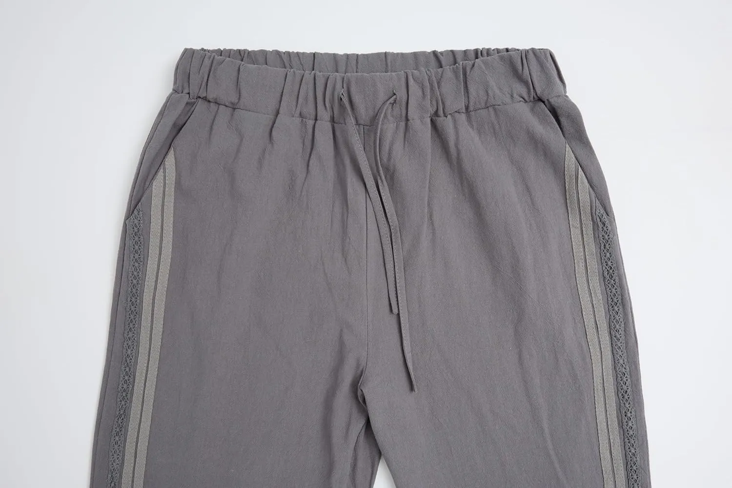Womens Linen Pants with Pockets Casual Loose Drawstring High Waist Wide Leg Pants Summer Beach Pants S-3XL