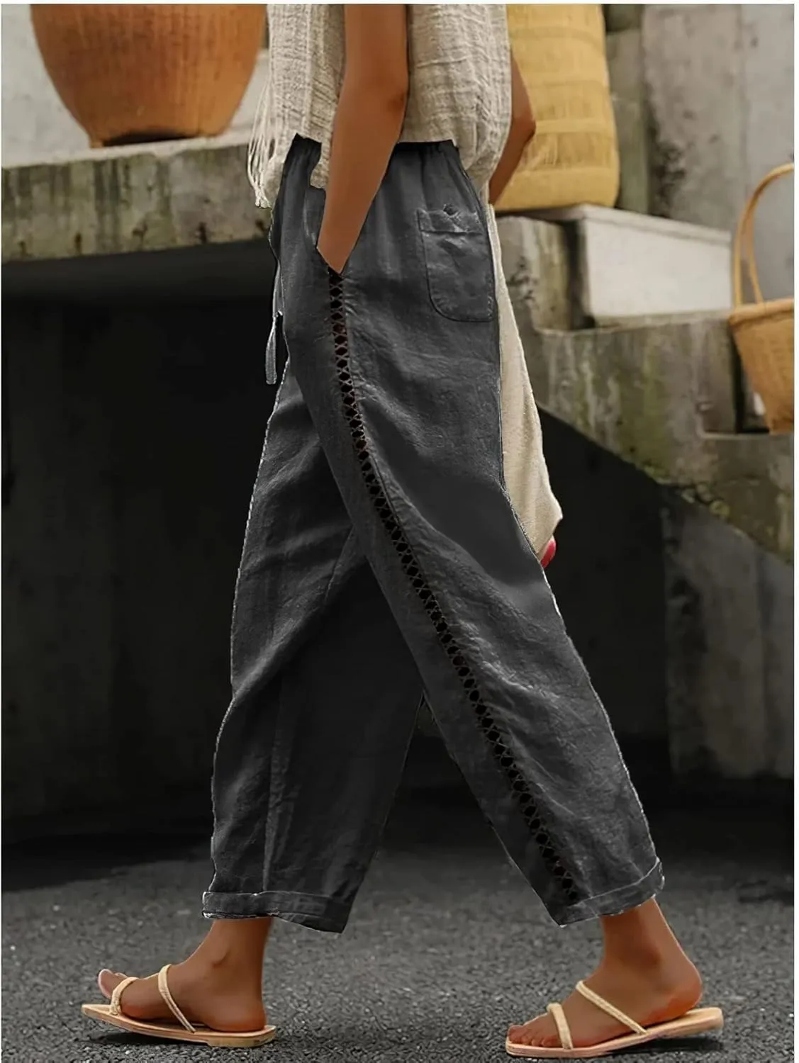 Womens Linen Pants with Pockets Casual Loose Drawstring High Waist Wide Leg Pants Summer Beach Pants S-3XL