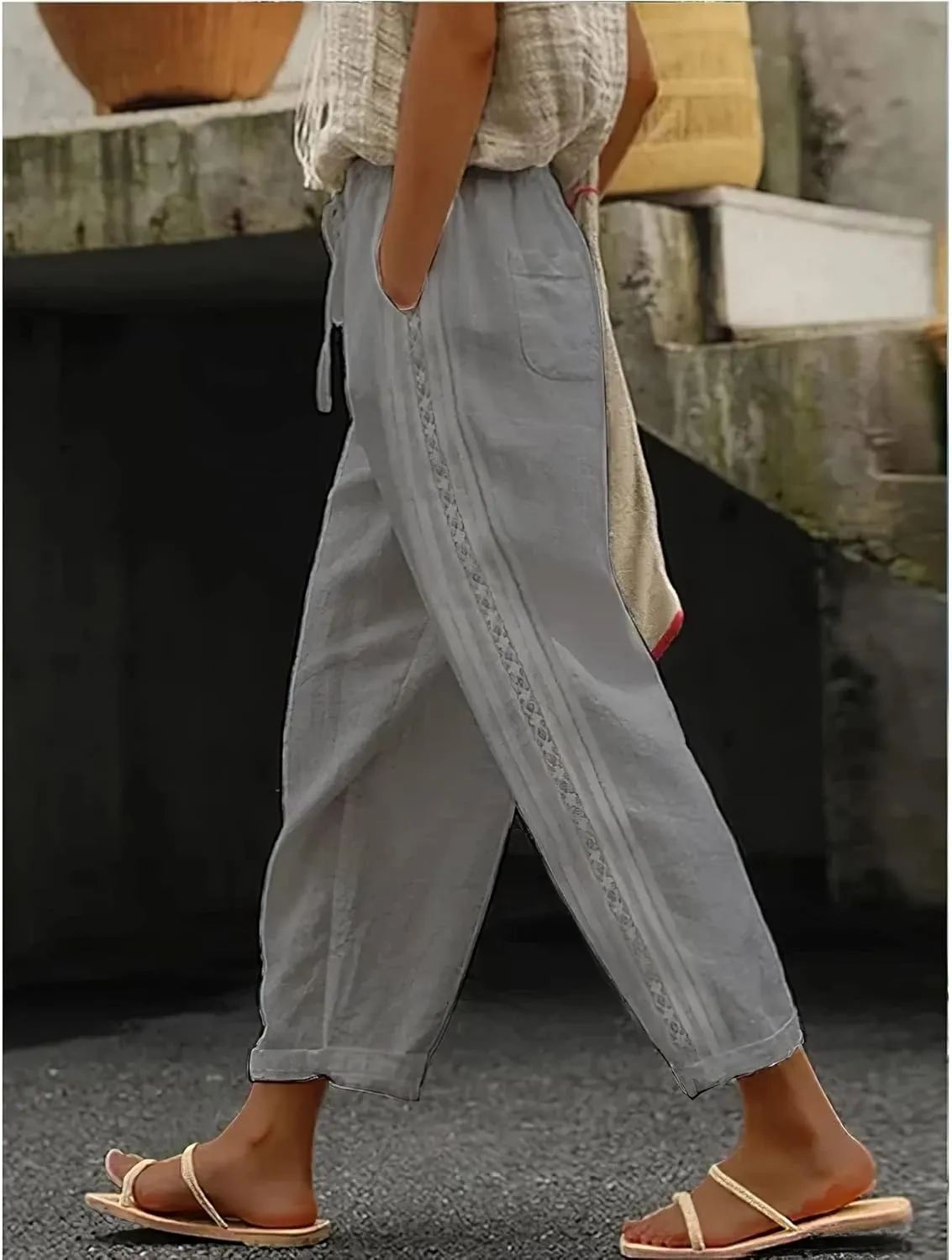 Womens Linen Pants with Pockets Casual Loose Drawstring High Waist Wide Leg Pants Summer Beach Pants S-3XL
