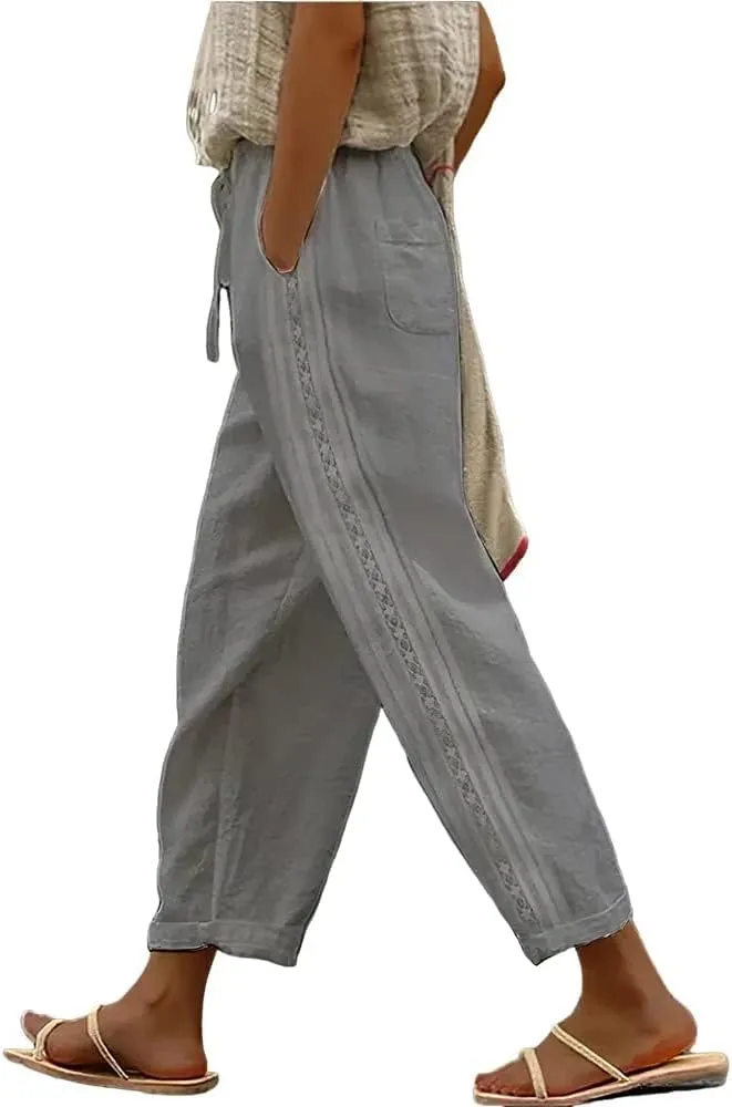 Womens Linen Pants with Pockets Casual Loose Drawstring High Waist Wide Leg Pants Summer Beach Pants S-3XL