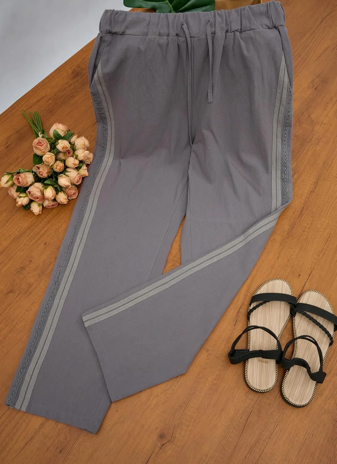 Womens Linen Pants with Pockets Casual Loose Drawstring High Waist Wide Leg Pants Summer Beach Pants S-3XL