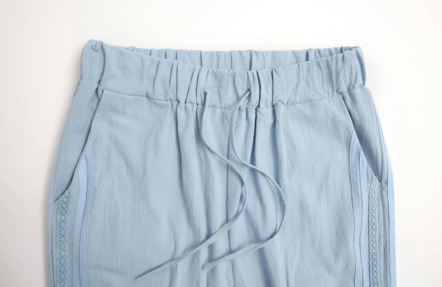 Womens Linen Pants with Pockets Casual Loose Drawstring High Waist Wide Leg Pants Summer Beach Pants S-3XL