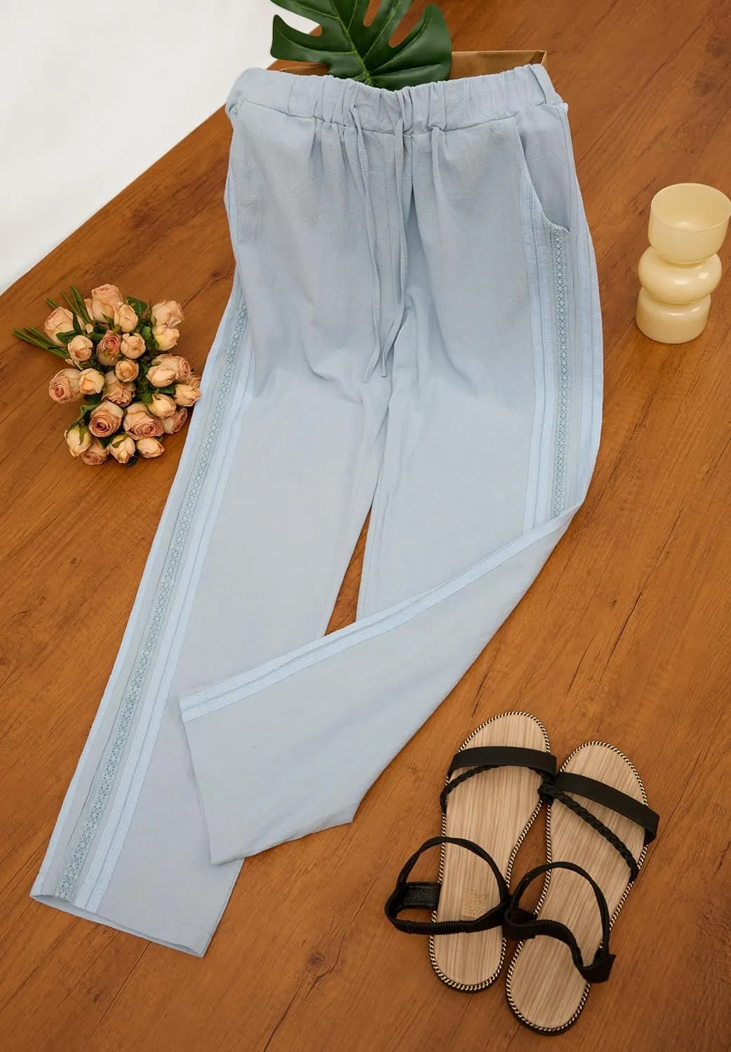 Womens Linen Pants with Pockets Casual Loose Drawstring High Waist Wide Leg Pants Summer Beach Pants S-3XL