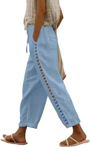 Womens Linen Pants with Pockets Casual Loose Drawstring High Waist Wide Leg Pants Summer Beach Pants S-3XL