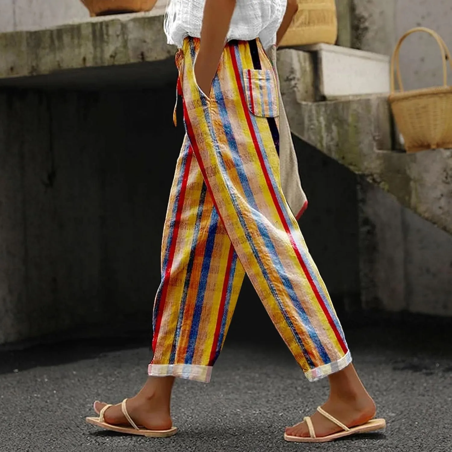 Womens Linen Pants with Pockets Casual Pants Elastic Waist Loose Women Capri Pants for Lightweight Pants Pants for