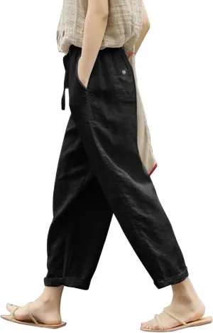 Womens Linen Pants Women High Waist Drawstring Wide Leg Cropped Pants Lightweight Vacation Beach Trousers with Pockets