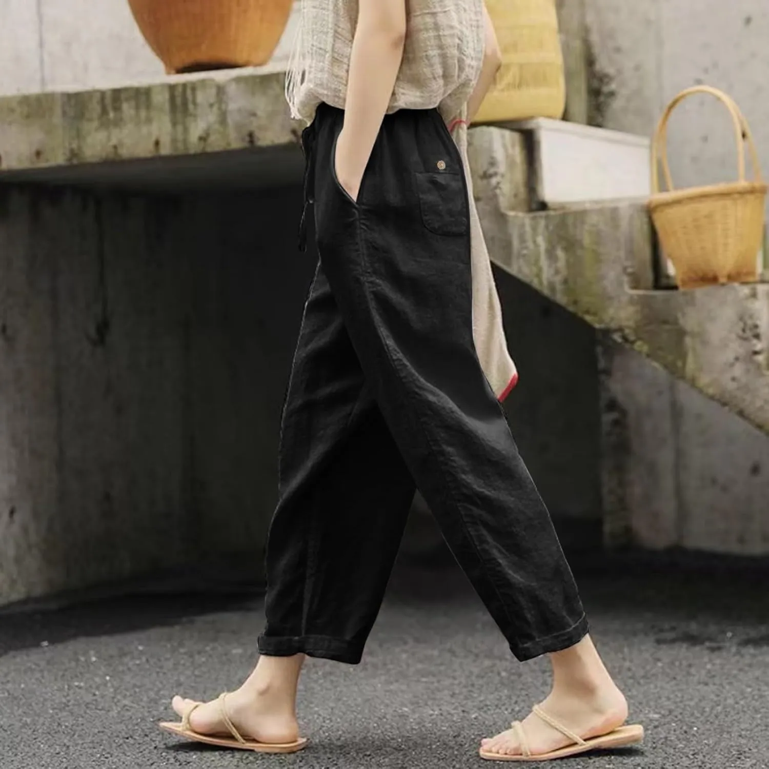 Womens Linen Pants Women High Waist Drawstring Wide Leg Cropped Pants Lightweight Vacation Beach Trousers with Pockets