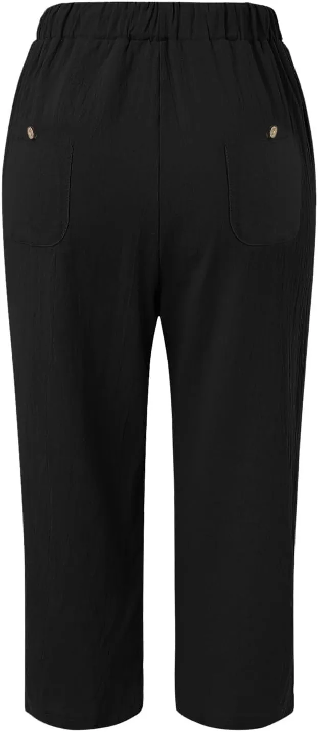 Womens Linen Pants Women High Waist Drawstring Wide Leg Cropped Pants Lightweight Vacation Beach Trousers with Pockets