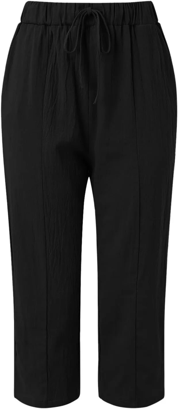 Womens Linen Pants Women High Waist Drawstring Wide Leg Cropped Pants Lightweight Vacation Beach Trousers with Pockets