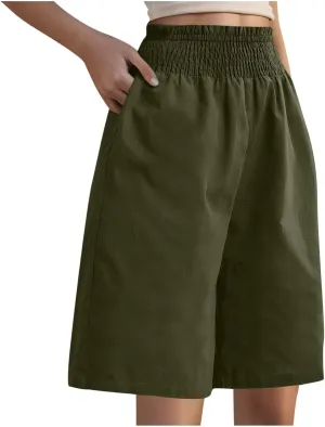 Womens Linen Shorts 2025 Causal Comfy Summer Drawstring High Waist Cotton Shorts for Women Baggy Pants Pockets
