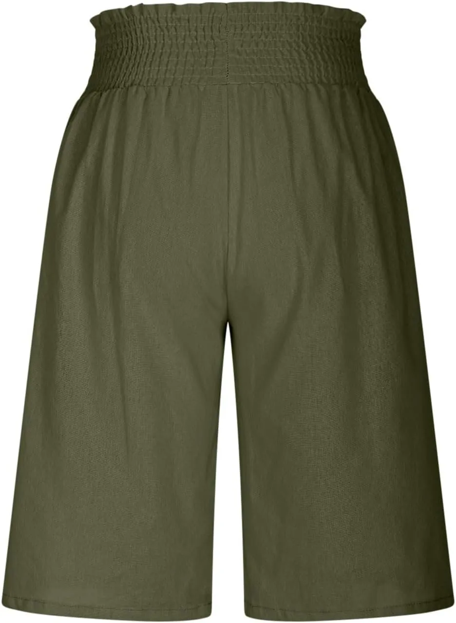 Womens Linen Shorts 2025 Causal Comfy Summer Drawstring High Waist Cotton Shorts for Women Baggy Pants Pockets