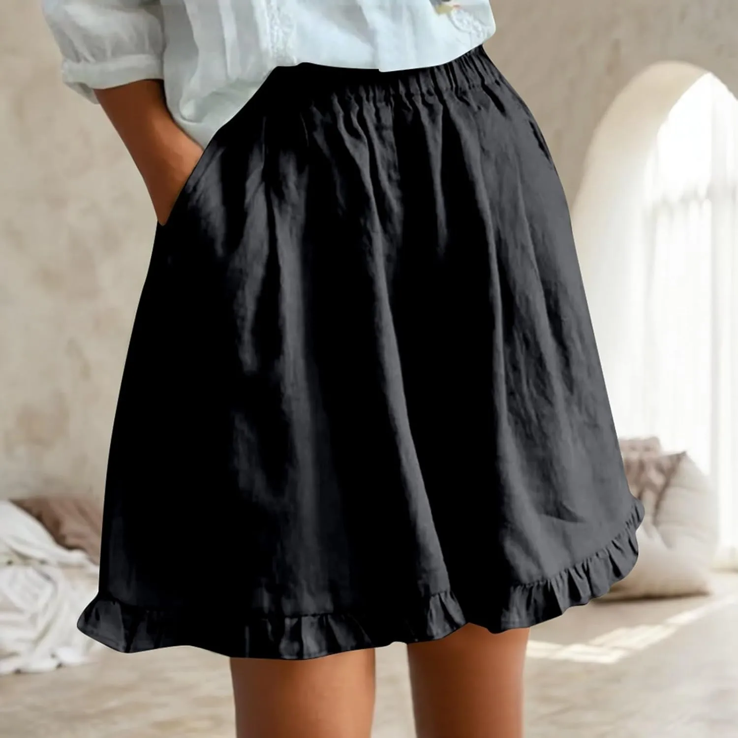Womens Linen Skorts High Waisted Wide Leg Casual Ruffle Hem Skorts Comfy Stretchy Pleated Summer Short Pants with Pockets