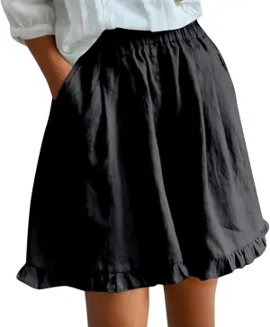 Womens Linen Skorts High Waisted Wide Leg Casual Ruffle Hem Skorts Comfy Stretchy Pleated Summer Short Pants with Pockets
