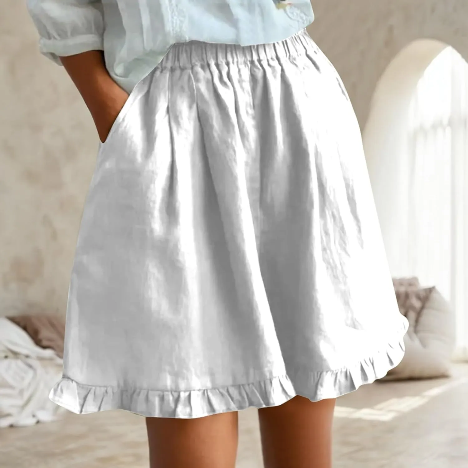 Womens Linen Skorts High Waisted Wide Leg Casual Ruffle Hem Skorts Comfy Stretchy Pleated Summer Short Pants with Pockets