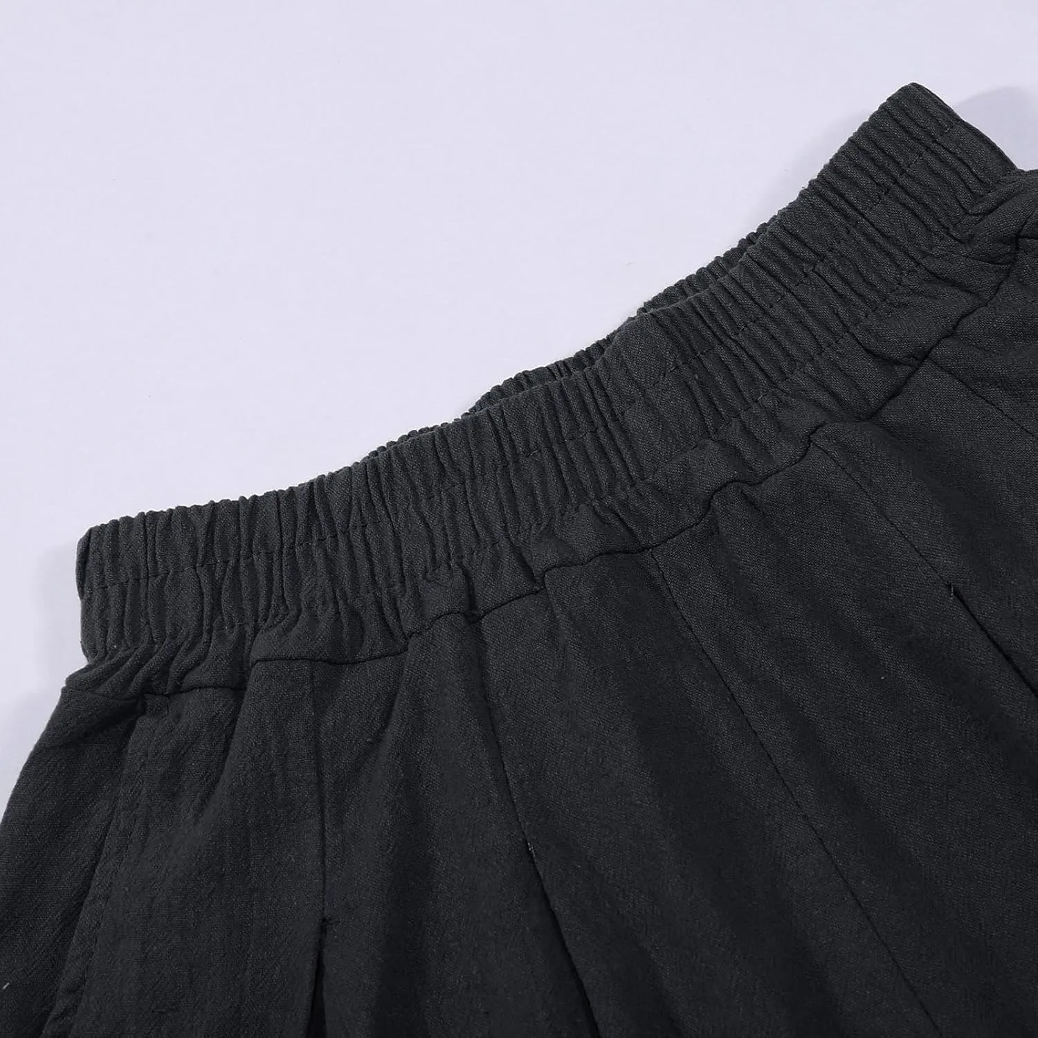 Womens Linen Skorts High Waisted Wide Leg Casual Ruffle Hem Skorts Comfy Stretchy Pleated Summer Short Pants with Pockets