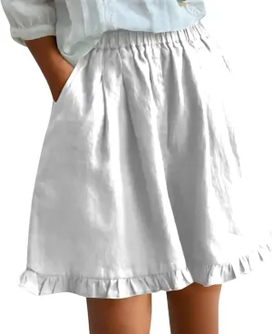 Womens Linen Skorts High Waisted Wide Leg Casual Ruffle Hem Skorts Comfy Stretchy Pleated Summer Short Pants with Pockets