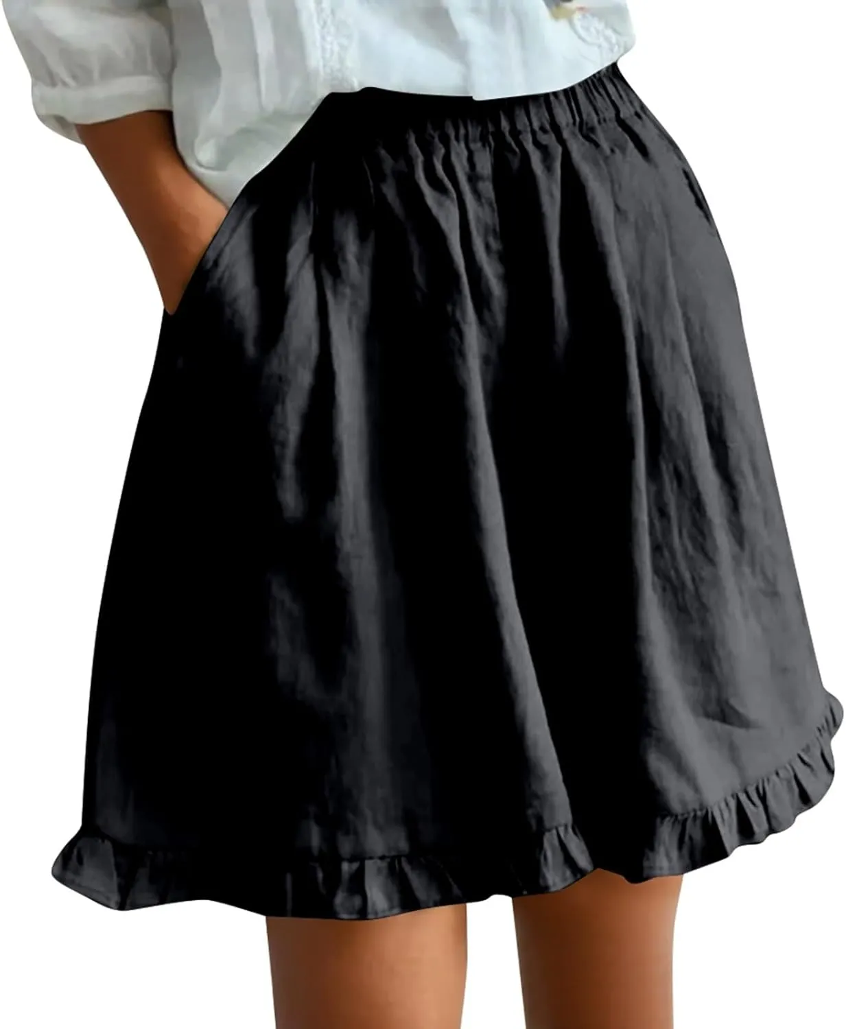 Womens Linen Skorts High Waisted Wide Leg Casual Ruffle Hem Skorts Comfy Stretchy Pleated Summer Short Pants with Pockets