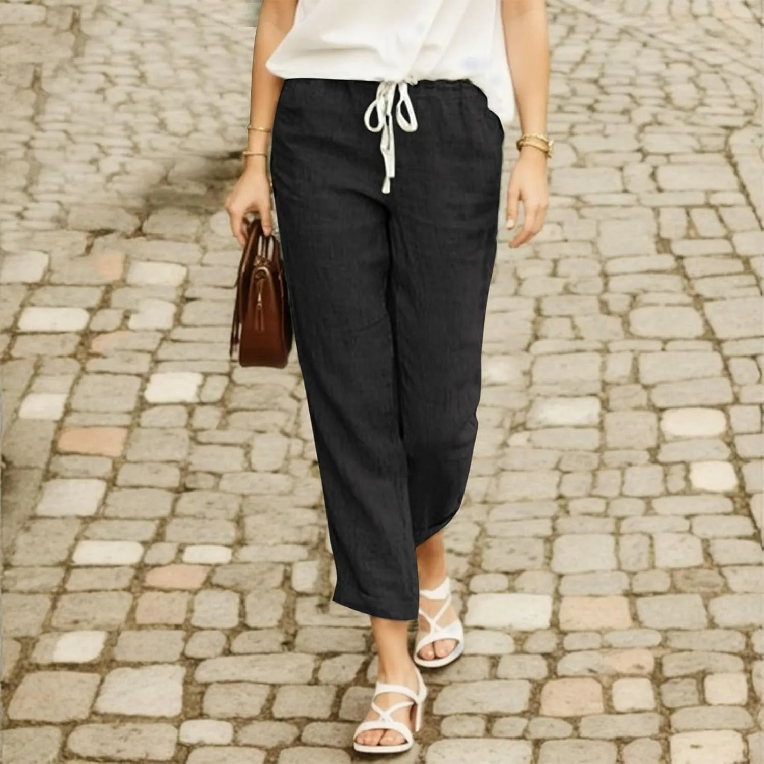 Womens Linen Summer Drawstring Palazzo Lounge Pants Low Waist Lounge Pants Loose Fit Palazzo Lounge Pants Vacation