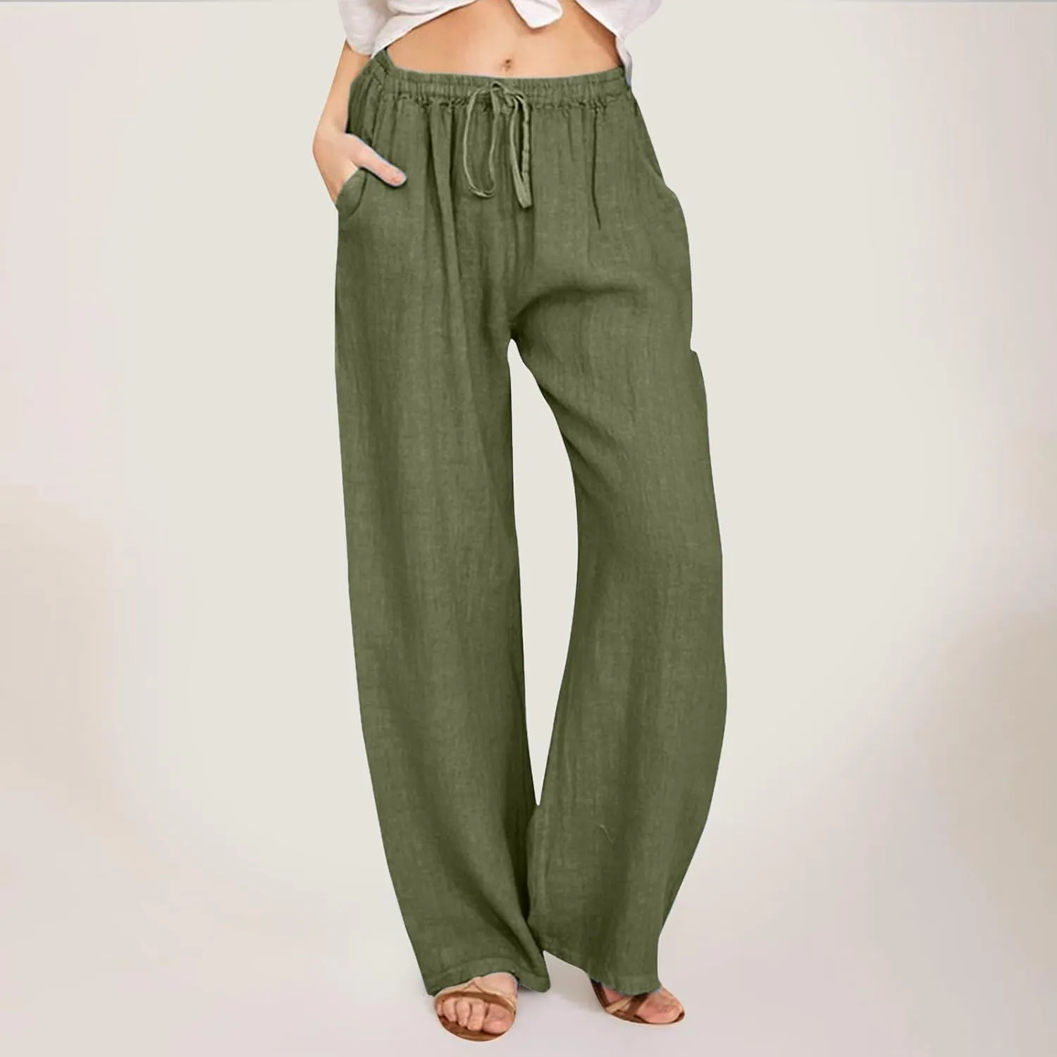 Women's Linen Summer Solid Palazzo Lounge Pants Low Waist Straight Slim-Fit Palazzo Lounge Pants Business Work