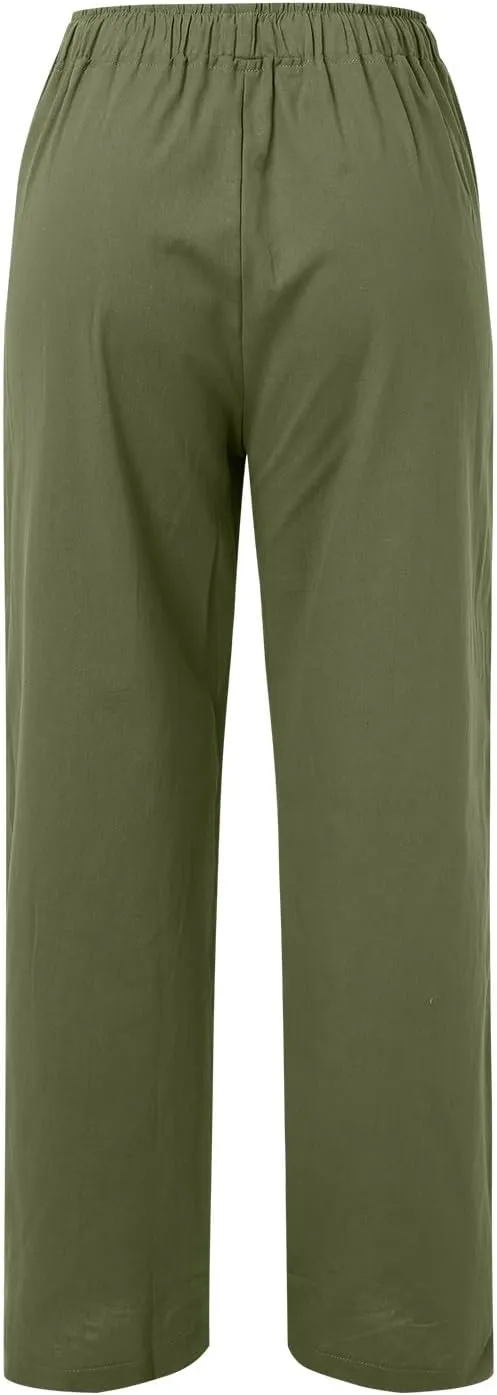Women's Linen Summer Solid Palazzo Lounge Pants Low Waist Straight Slim-Fit Palazzo Lounge Pants Business Work