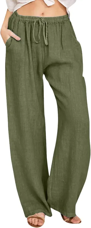 Women's Linen Summer Solid Palazzo Lounge Pants Low Waist Straight Slim-Fit Palazzo Lounge Pants Business Work