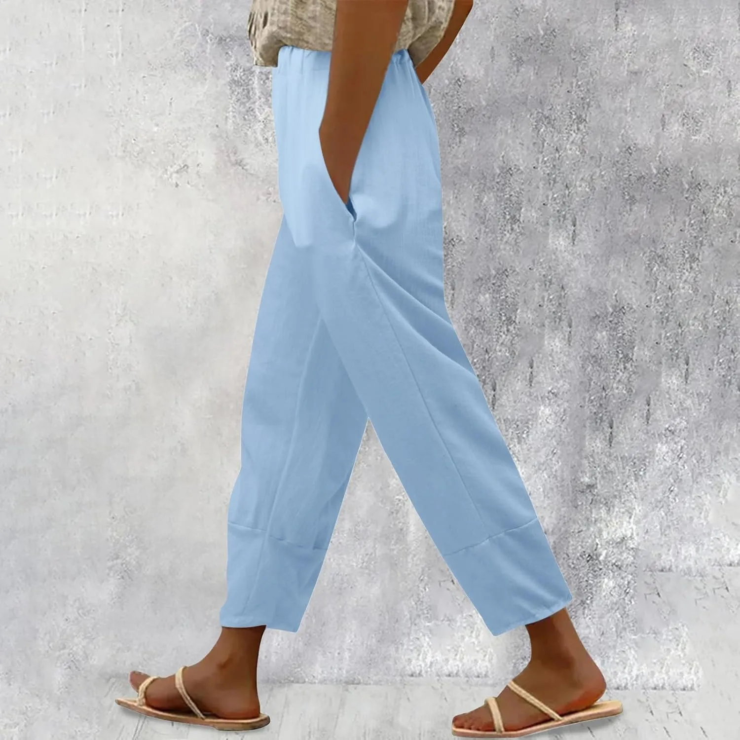 Women's Linen Summer Solid Palazzo Lounge Pants Low Waist Wide Leg Plus Size Trousers Travel