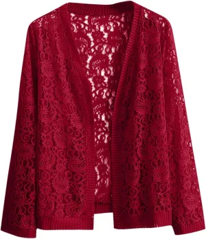 Women's Long Sleeve Lace Cardigan Casual Open Front Floral Lace Shrug Lightweight Summer Cover Up for Evening Dresses
