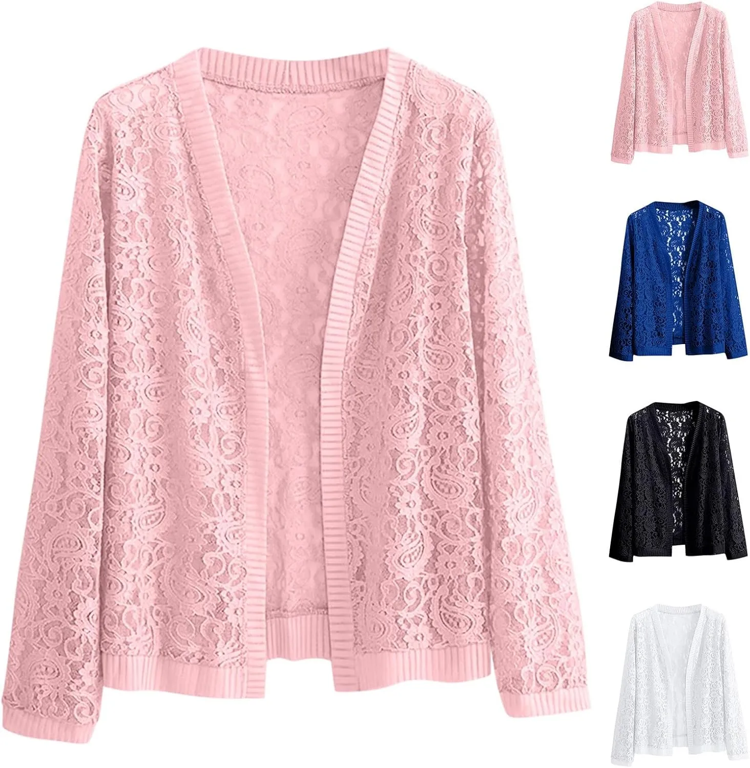 Women's Long Sleeve Lace Cardigan Casual Open Front Floral Lace Shrug Lightweight Summer Cover Up for Evening Dresses