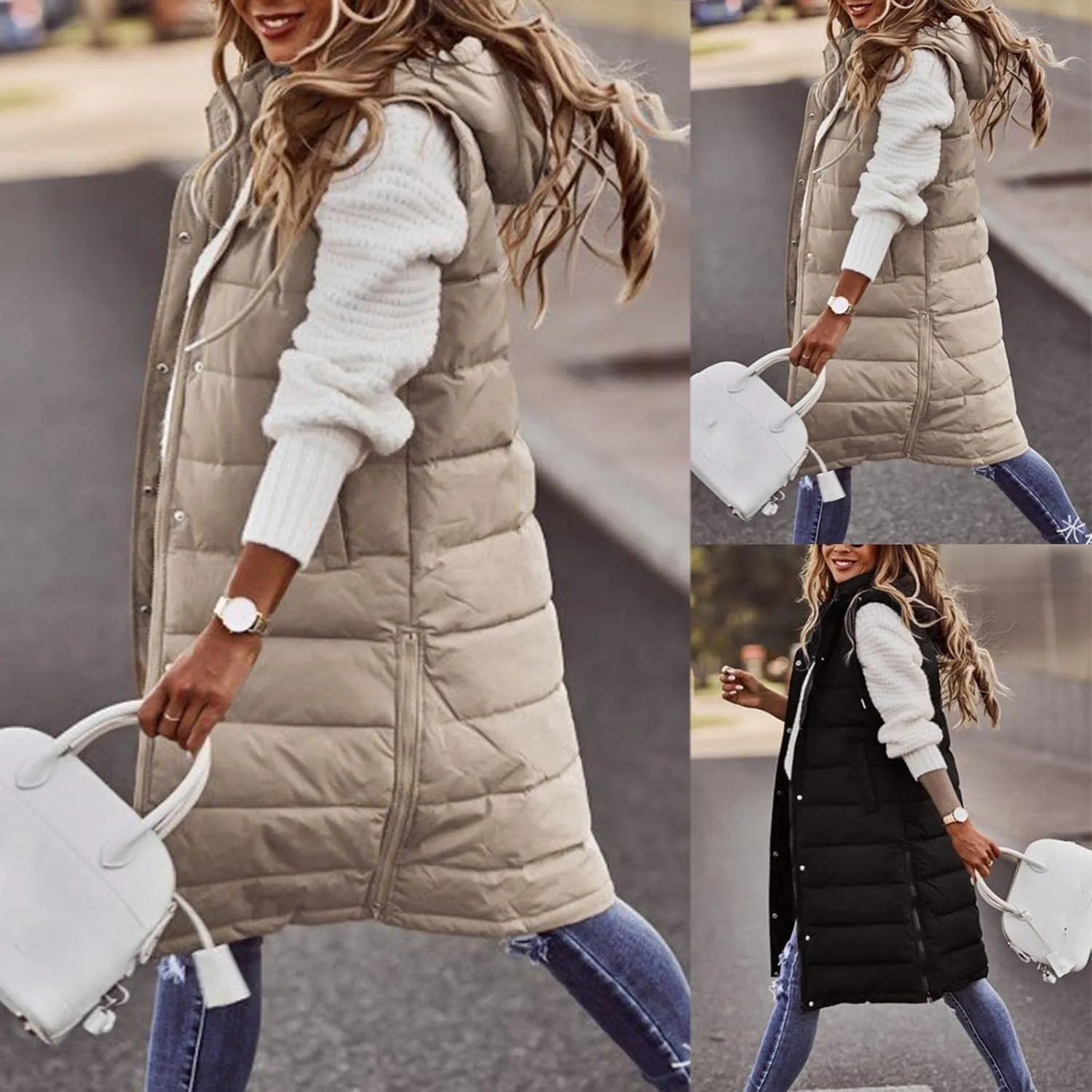 Womens Long Vest Puffer Sleveless Hoodies Quilted Vest Oversized Outdoor Puffer Down Coat Thickened Winter Warm Jacket