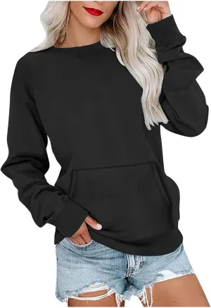 Women's No Hood Sweatshirt with Pocket Crewneck Pullover Shirts Casual Cute Fall Tops Solid Loose Fit Active Sweater T Shirt