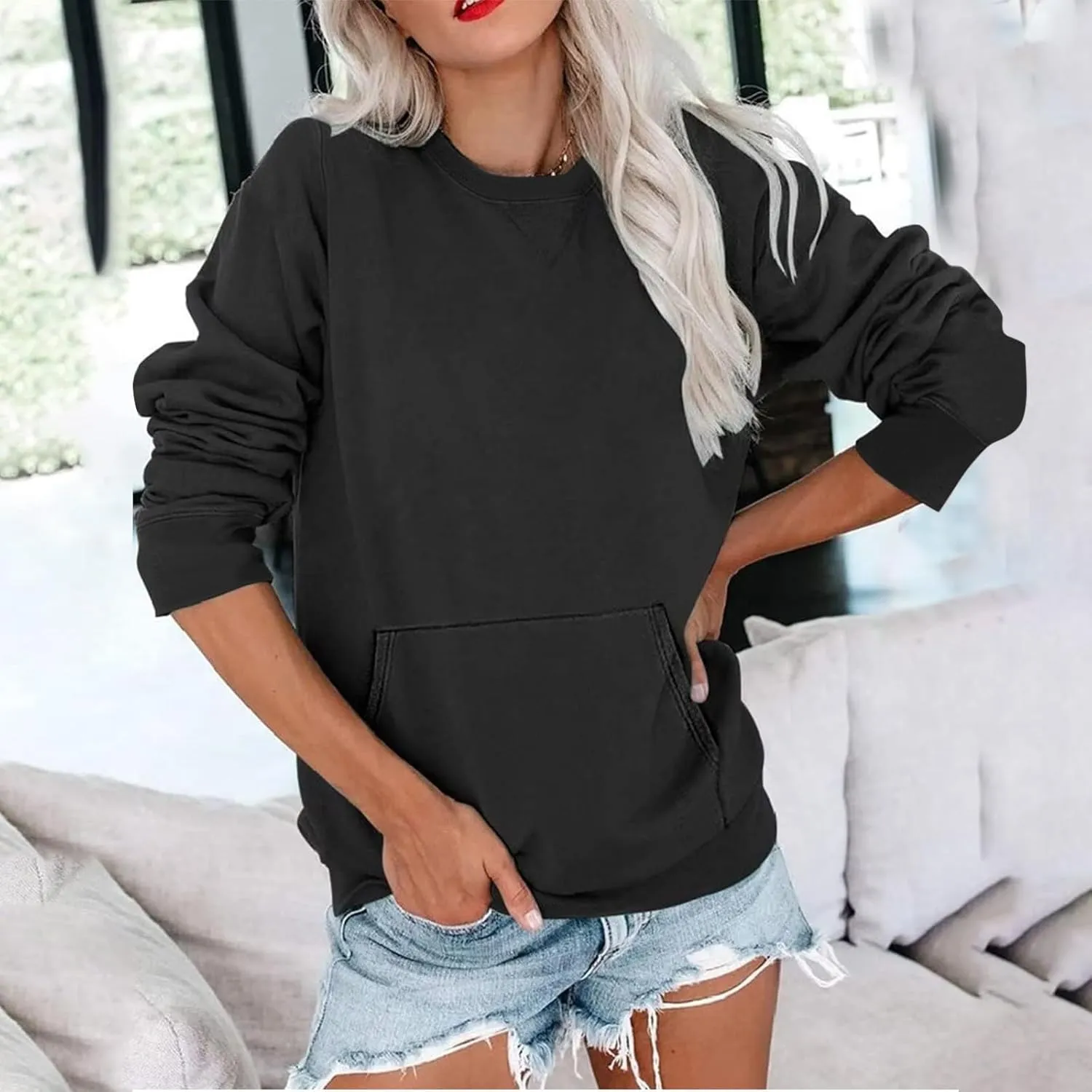 Women's No Hood Sweatshirt with Pocket Crewneck Pullover Shirts Casual Cute Fall Tops Solid Loose Fit Active Sweater T Shirt