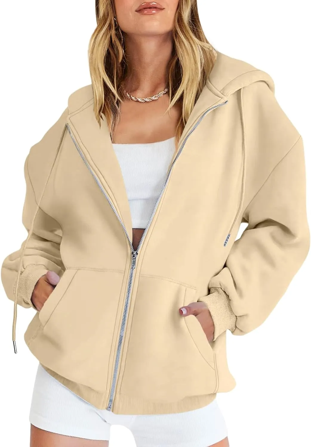 Women's Oversized Casual Full Zip Up Y2K Hoodies Sweatshirts Plush Comfy Loose Solid Long Sleeve Jacket with Pockets