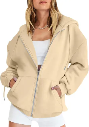 Women's Oversized Casual Full Zip Up Y2K Hoodies Sweatshirts Plush Comfy Loose Solid Long Sleeve Jacket with Pockets
